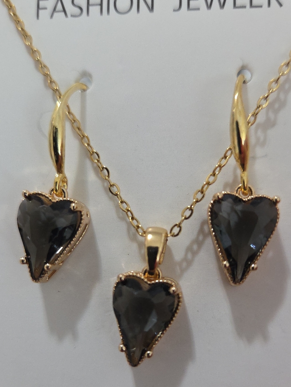 14k Heart Pendant Necklace & Earrings Set in Gold with Smoky Black Stones